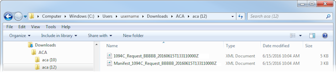 Example of IRS transmission and manifest files in the Windows file explorer.