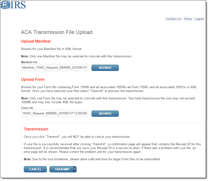 ACA Tranmission File Upload webpage