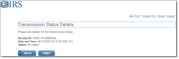 IRS webpage containing the details about a specific transmission and its status