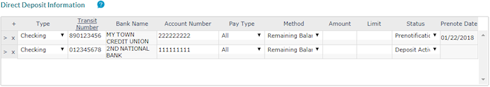 Direct Deposit Information panel, with a checking account in Prenotification status