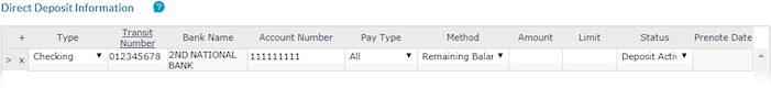 Direct Deposit Information panel