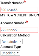 Transit Number, Account Number, Calculation Method (remainder), and Account Type (checking)